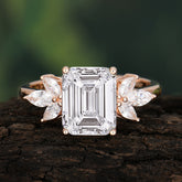 4CT Emerald Cut Moissanite Vintage Engagement Ring with Marquise Cluster